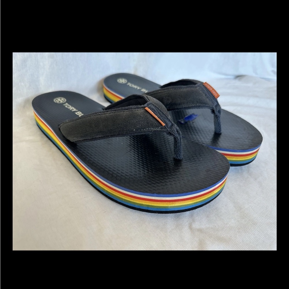 Tory Burch Navy suede 70’s rainbow Flip Flops sandals insole peeling Pride